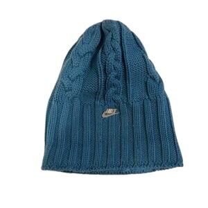 NIKE Cable Knit Sweater Blue Beanie Fleece Lined Winter Hat Snow Ski Cap OS